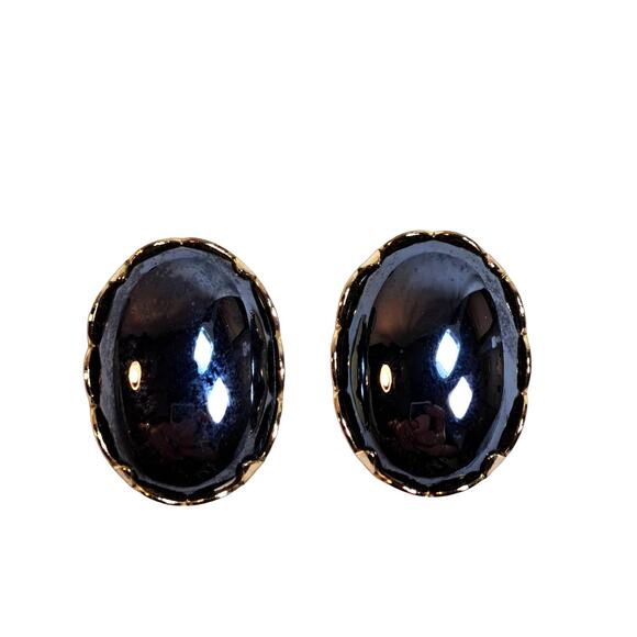 Vintage Clip On Earrings SAC Black Dome Gold Tone Filigree Back Sarah Coventry - Picture 1 of 5